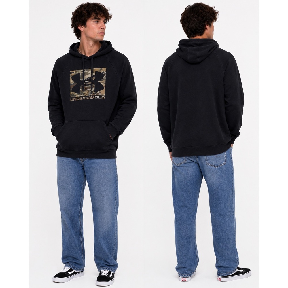 Under Armour Hoodie Mens M Black Camo Logo ColdGear Fleece Pullover Sweatshirt